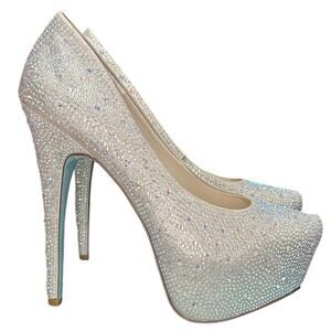 Betsey Johnson Blue WISH Crystals Champagne Platform Wedding Stilettos Size 8